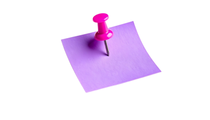 Purple sticky note held by a pink thumbtack against black background