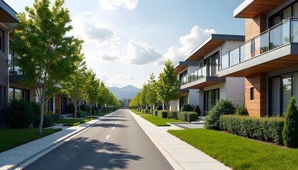 Fototapeta premium Modern Luxury Suburban Home Street Sunny Day Residential Neighborhood Aerial View