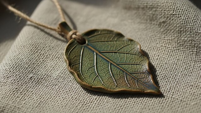 Handmade ceramic leaf pendant necklace featuring intricate natural veins rests upon textured natural linen fabric surface close up