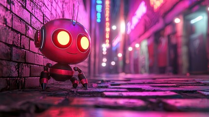 Small Red Robot in a Neon Lit City Alley at Night