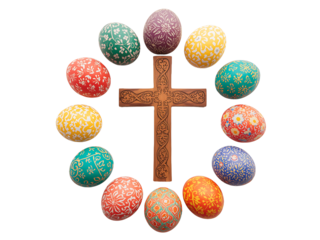 A beautifully decorated wooden cross surrounded by intricately designed Easter eggs on a black background.