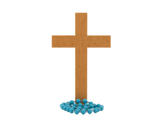 A wooden cross surrounded by blue beads on a black background