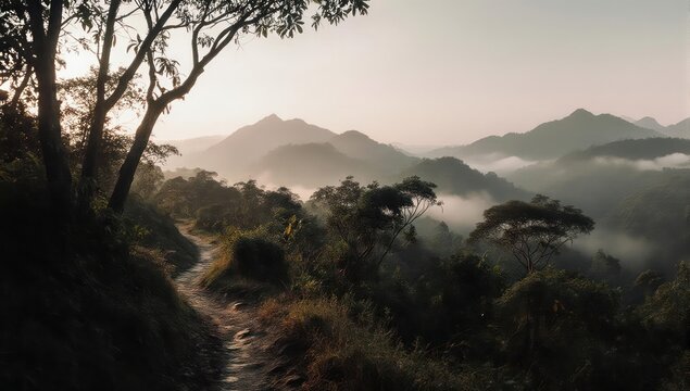 A scenic mountain landscape at sunrise, with a path through lush greenery - Powered by Adobe