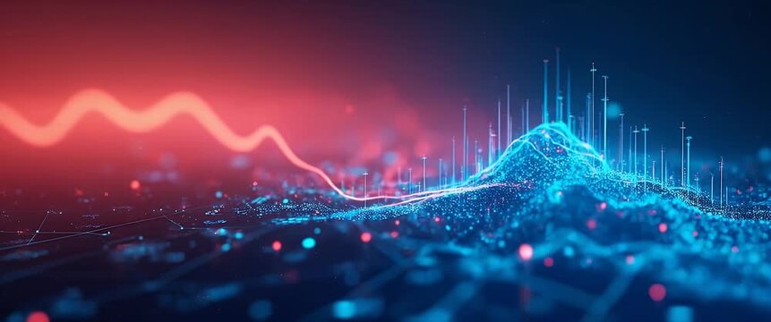 Cinematic data visualization with glowing graphs pulsating rhythmically, as the camera slowly pans across a futuristic digital landscape, evoking innovation and technology progress.