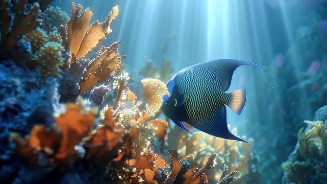 Majestic Blue Emperor Angelfish Swimming Gracefully Among Vibrant Coral Reefs in Tropical Ocean Underwater Scene Stock Video
