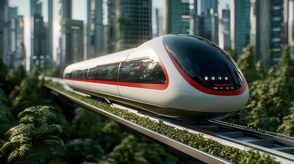 Futuristic High Speed Train Above Green Cityscape