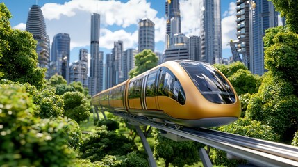 Futuristic Golden Train on Elevated Track Amidst Lush Green Cityscape