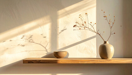 Minimalist Still Life with Dried Branches and Shadow Play on Textured Wall