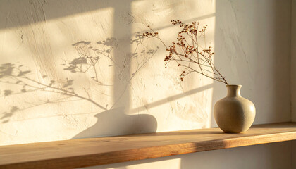 Minimalist Still Life with Dried Branches and Shadow Play on Textured Wall