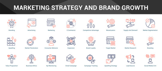 Marketing Strategy And Brand Growth Cohesive set of minimalist vector icons representing key ideas with visual clarity