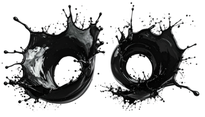Two dramatic black liquid splashes, isolated on a stark, black background