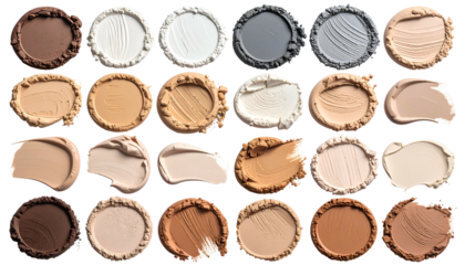 Swatches of various matte makeup shades, arranged in circles & smears on black
