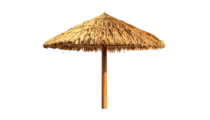 Isolated beach parasol with straw roof and wooden support against black