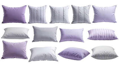 Collection of various rectangular pillows in shades of white, lavender, and gray