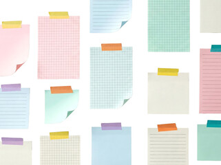 Set of Colorful Lined and Grid Paper Notes with Washi Tape Vector isolated PNG with Transparent Background