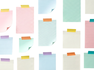 Set of Colorful Lined and Grid Paper Notes with Washi Tape Vector isolated PNG with Transparent Background