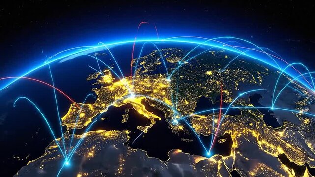 Glowing globe with city lights and interconnected lines, showing global communication networks