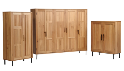 Group of three wooden cabinets of varying sizes with black legs against a dark background