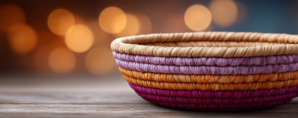 Obraz premium Colorful woven basket on wooden table with warm bokeh background. Decorative design displays vibrant hues of orange, purple, and beige strands intertwined. Ideal for home decor, crafts,