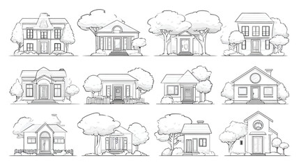Naklejka premium Monochrome line art collection of diverse residential houses with trees. Detailed outline illustrations for architectural concepts or coloring books.