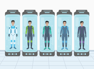 five men in colorful futuristic sci fi suits standing inside vertical cryogenic glass pods. Concept for human hibernation, space travel, or genetic cloning in a laboratory setting
