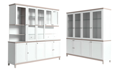 Two white and beige wooden cabinets with glass door upper sections, side view, on a black backdrop