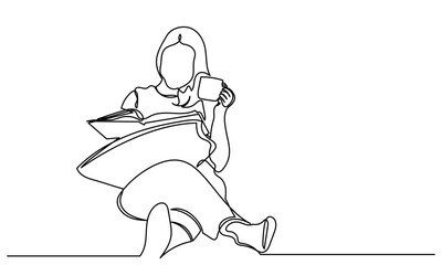 Minimalist one-line drawing of a girl reading a book and holding a mug. continuous line drawing of a girl drinking tea and reading a book. A quiet moment of relaxation in a simple style.