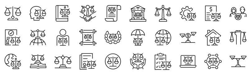 Fototapeta na wymiar Set of 30 outline icons related to justice scale. Linear icon collection. Editable stroke. Vector illustration