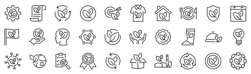 Plakat Set of 30 outline icons related to eco, leaf. Linear icon collection. Editable stroke. Vector illustration