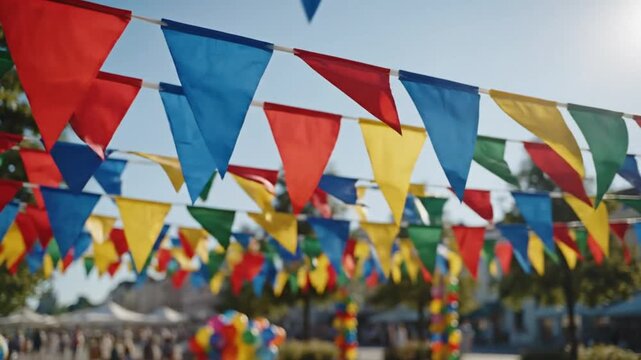 Festival decorations with colorful triangle flags strung across blue sky at a summer fair or carnival.