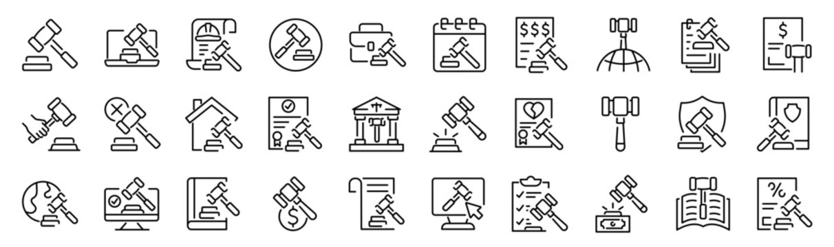 Set of 30 outline icons related to gavel. Linear icon collection. Editable stroke. Vector illustration