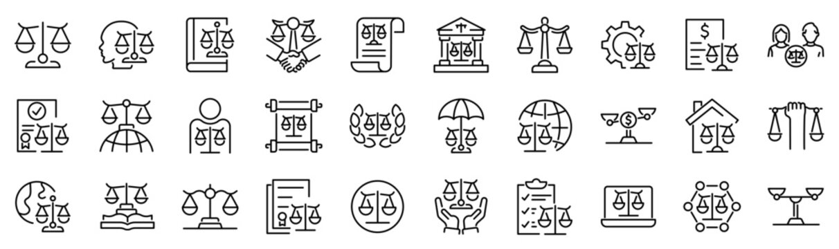 Set of 30 outline icons related to justice scale. Linear icon collection. Editable stroke. Vector illustration