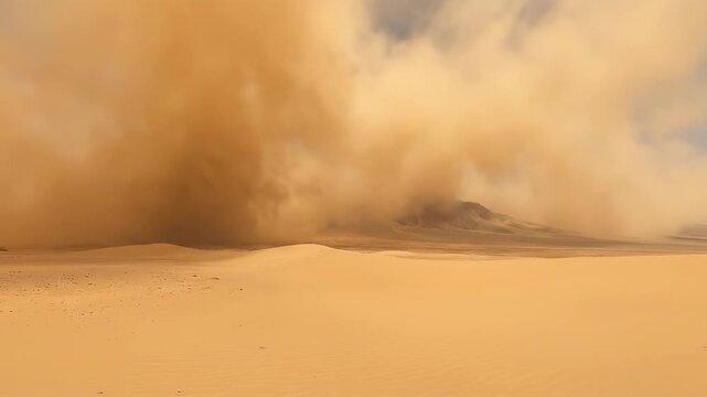 Dramatic Desert Landscape with Vast Yellow Sand Dunes and Rugged Mountains Under Clear Blue Sky, Showing Strong Wind and Dust Blowing Across the Arid Terrain