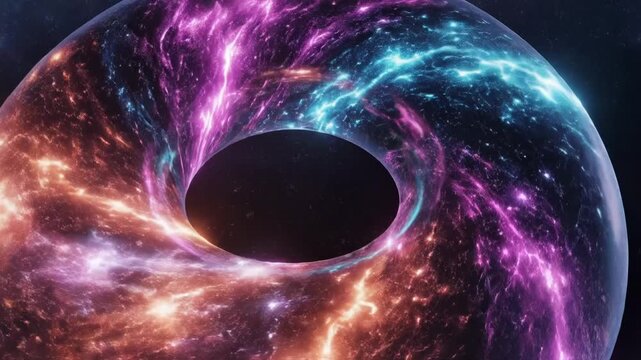 Abstract glowing torus in space with colorful nebula patterns, representing a cosmic wormhole or donut shape in the universe