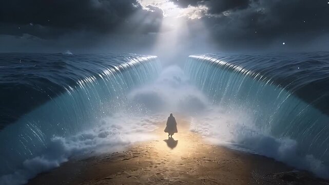 Dramatic parting of the Red Sea with a lone figure walking through.