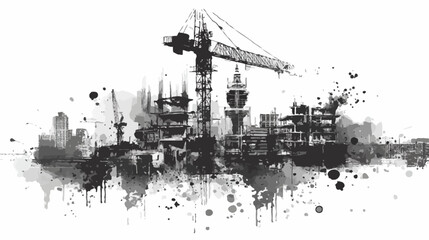 Abstract grunge city construction skyline with cranes and buildings. Urban development and architectural project concept illustration.