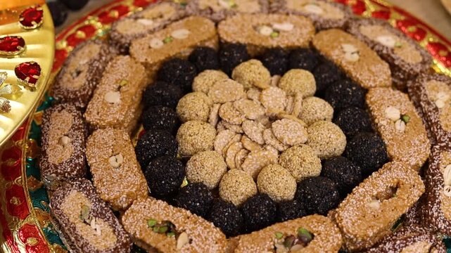 Assorted Makar Sankranti Or Lohri Mithai Authentic Gulab Gajak, Pista Gazak, Til Patti Or Papdi, Til Laddu Or Ladoo, Revdi And Rewri Is Made Of Tilgul, Mungfali, Sesame Seed, Jaggery Gud, Badam, Pista