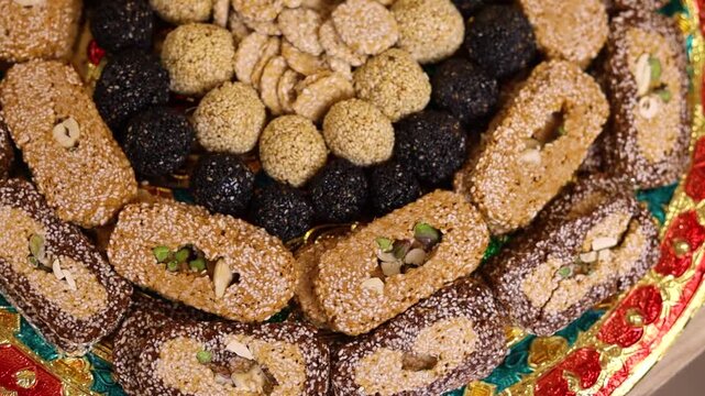 Assorted Makar Sankranti Or Lohri Mithai Authentic Gulab Gajak, Pista Gazak, Til Patti Or Papdi, Til Laddu Or Ladoo, Revdi And Rewri Is Made Of Tilgul, Mungfali, Sesame Seed, Jaggery Gud, Badam, Pista