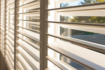White window shutters adjusting sunlight entering a modern interior space