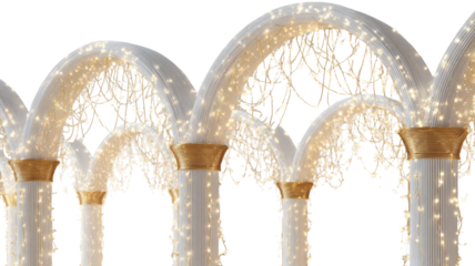 elegant illuminated archway corridor with golden decorative lights and hanging bulbs luxury architectural scene isolated on white background