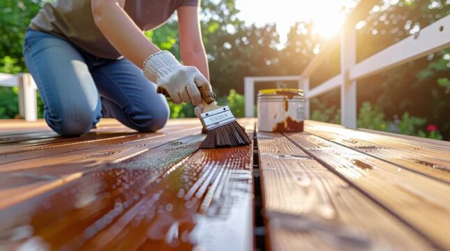 A person wearing gloves is meticulously applying protective wood stain to an outdoor wooden deck with a brush, bathed in warm golden hour sunlight.
