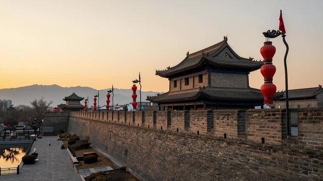 Ancient city wall with red lanterns at sunset