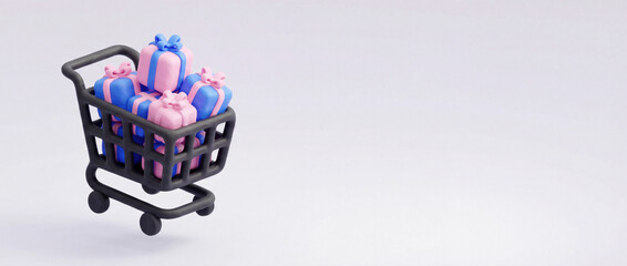Plasticine style shopping cart filled with colorful gift boxes on white background. Creative banner for holiday sales, online shopping and e-commerce promotions with copy space.