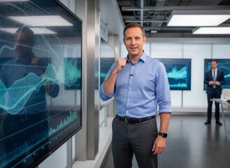 Fototapeta premium Confident businessman presenting data on large screen display