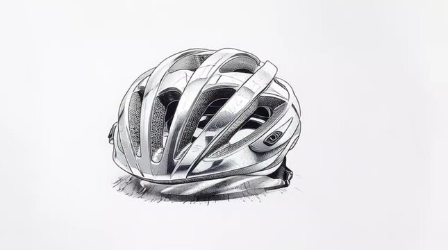 A detailed, monochrome pen and ink style sketch precisely illustrates a modern, ventilated cycling helmet, showcasing its intricate design on a white background.