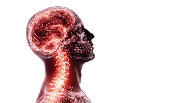 human head side profile showing brain skull and cervical spine anatomy medical xray style illustration isolated on white background