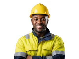 Confident young black man construction worker with safety helmet and reflective jacket posing with crossed arms
