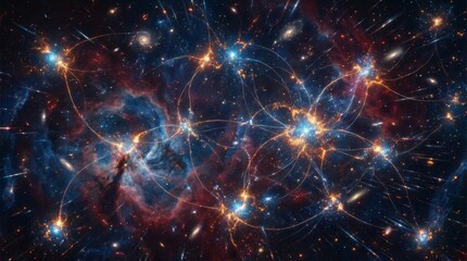 Abstract deep-space scene showing a web of glowing stars and energy-like connections, resembling a cosmic network or universe structure.