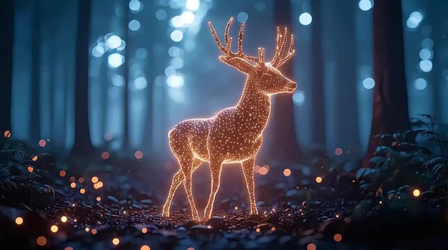 An enchanting deer-like creature, rendered in glowing golden particles, stands majestically within a dark, mystical forest.