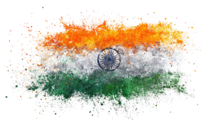 Indian national flag created with vibrant powder explosion texture tricolor paint splash isolated on white background